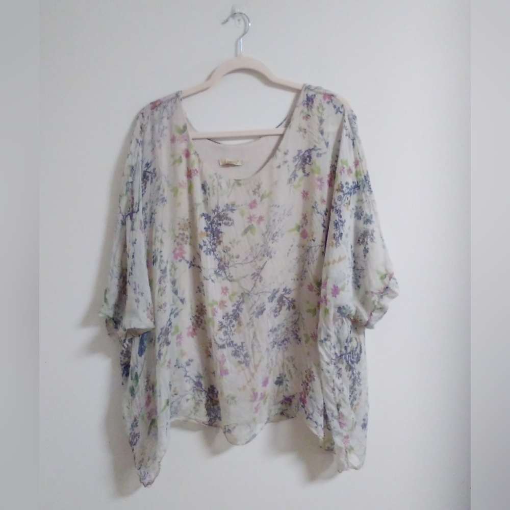 Silk Cream and Blue Flutter Sleeve Blouse with tank top